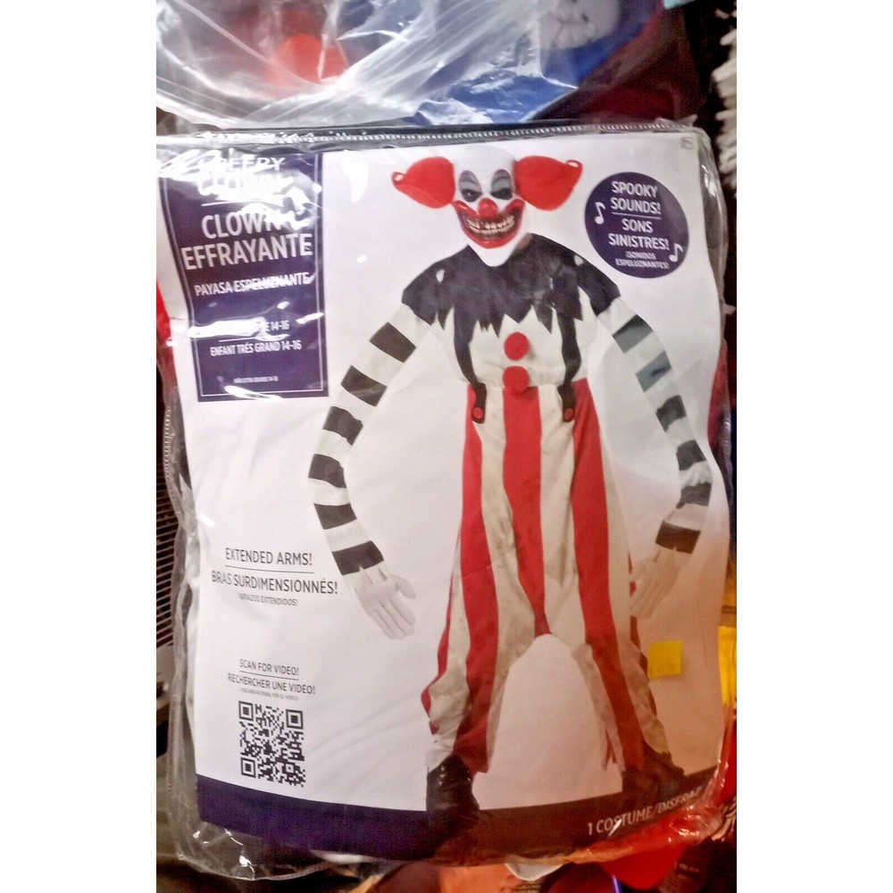 Creepy Clown Costume CHILDS XL  14-16 Spooky Sounds Button New in bag
